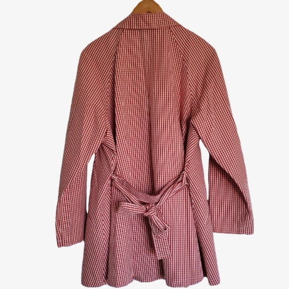 Vintage Retro Promod France Red & White Checkered Checked Button Up Trench Coat - Picture 3 of 11